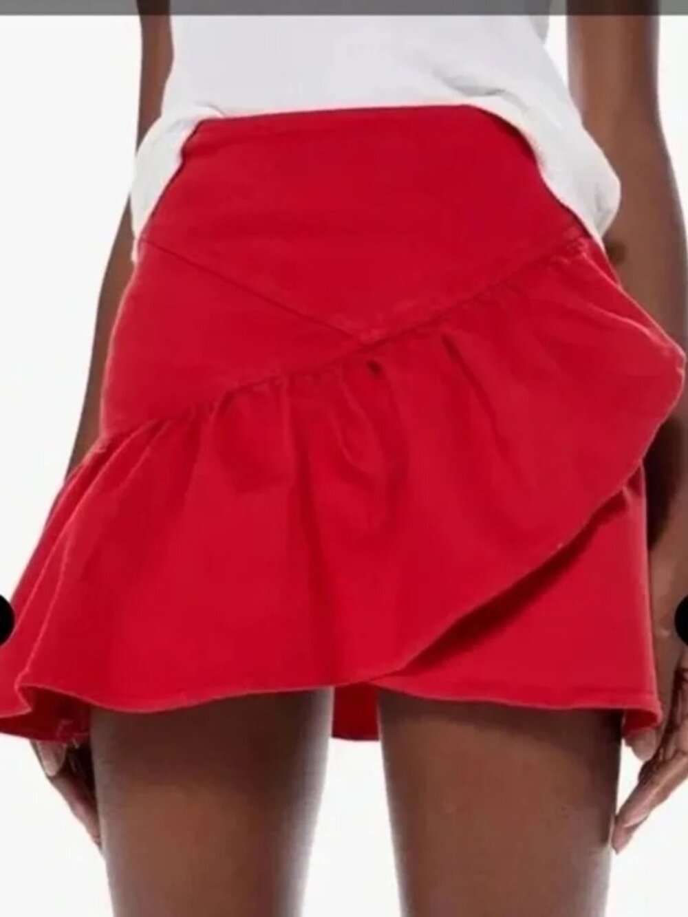 MOTHER Red Stretch Denim Ruffle Mini Skirt